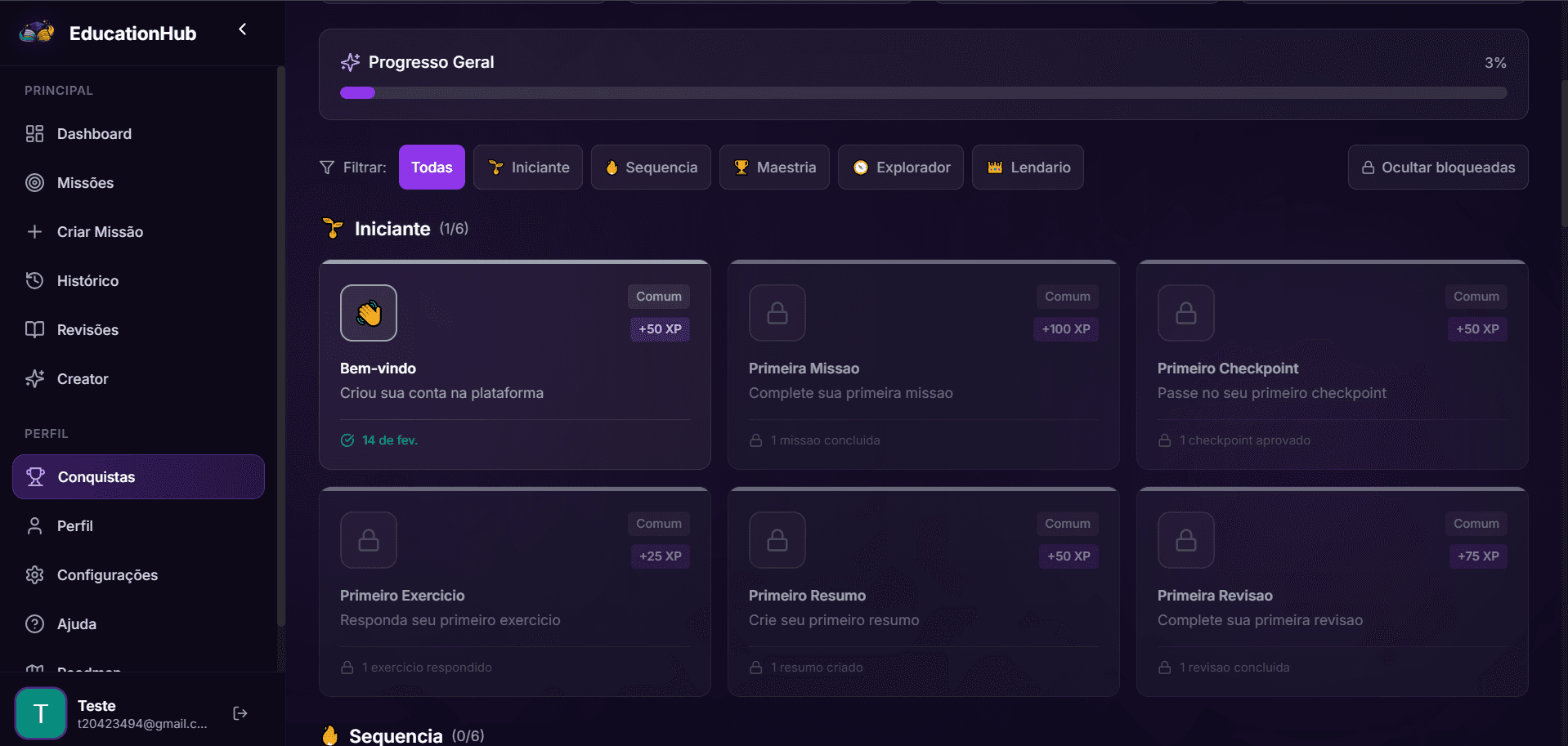 Página de Conquistas do EducationHub